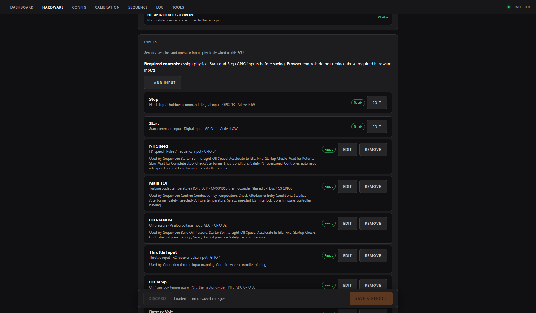 OpenTurbine Hardware page showing a conflict-free example turbine channel inventory